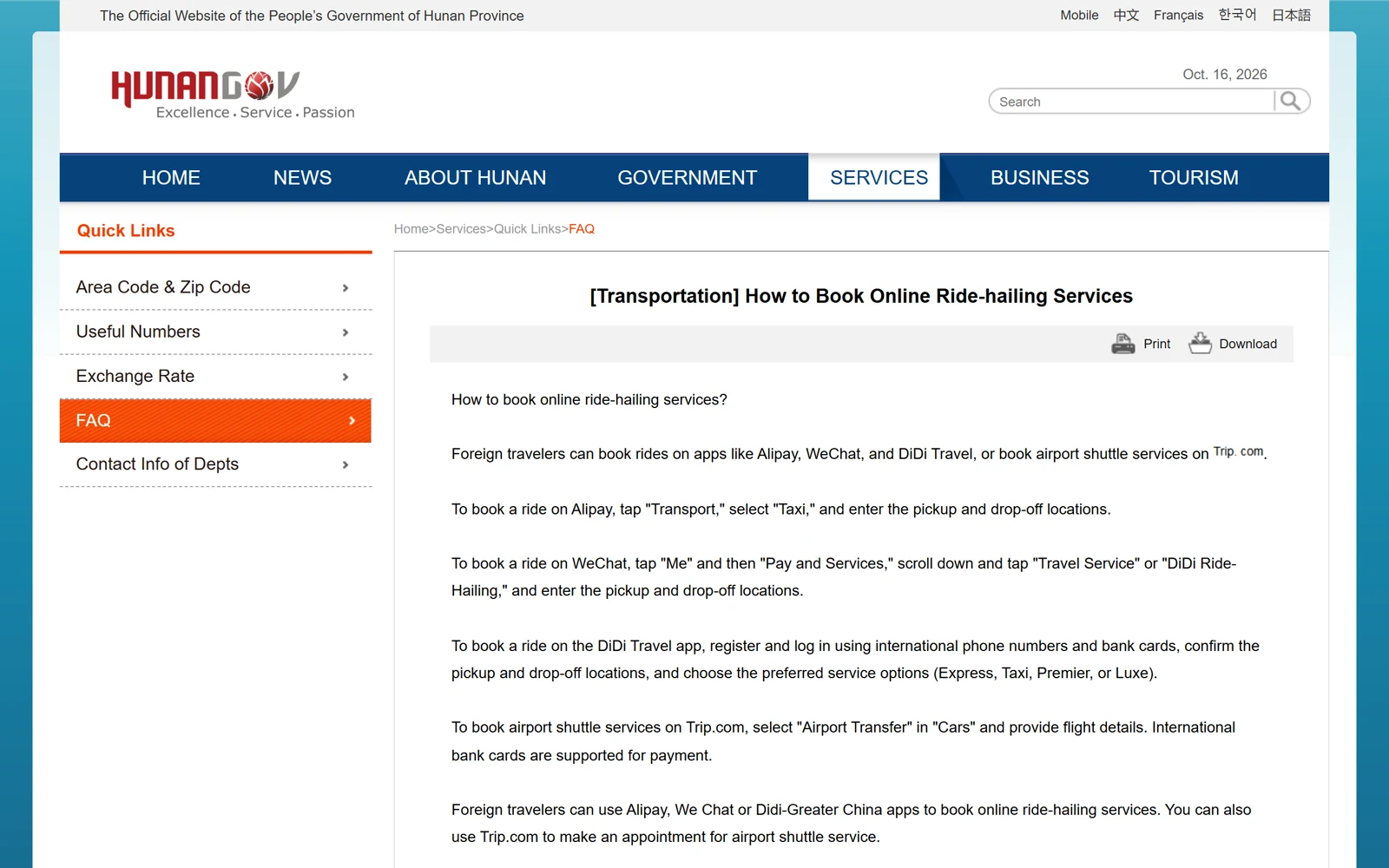 China Daily government Q&A page listing DiDi, Alipay, and WeChat taxi booking options for international visitors